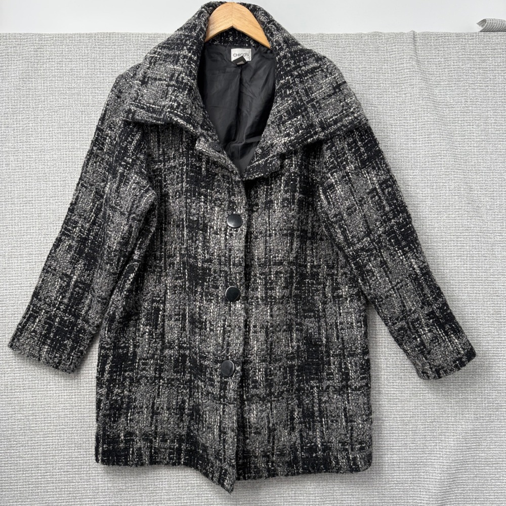 Chicos Women's Black Gray Tweed Wool Blend Button‎ Up Coat Jacket Sz XL (3)